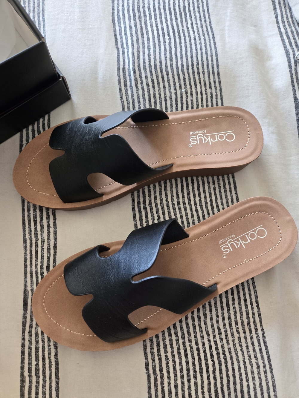 Corkys Black Slide Sandals with Tan Footbed - Picture 2 of 6